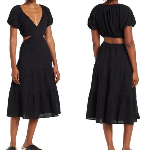 Astr Dresses & Skirts - ASTR Puff Sleeve Cutout Gauze Midi Sundress In Black Size L So Cute Linen Blend